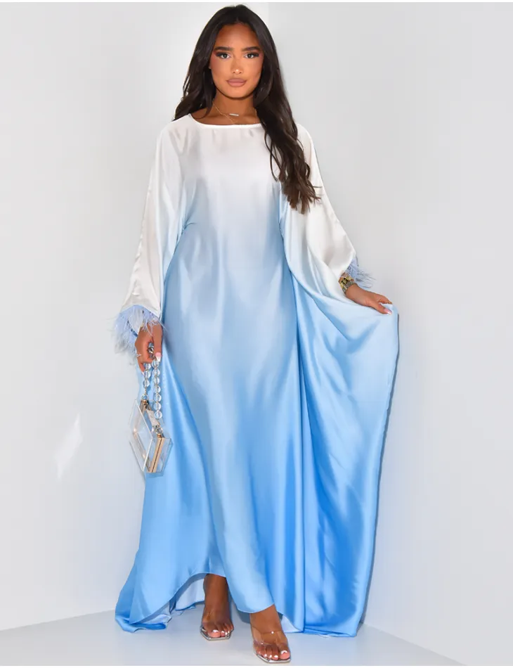 Abaya cintrée à la taille imprimée tie and dye et plumes aux poignets / 60977 - JEANS INDUSTRY