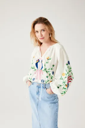 Blouse blanche brodée Femme - Imprimé écru