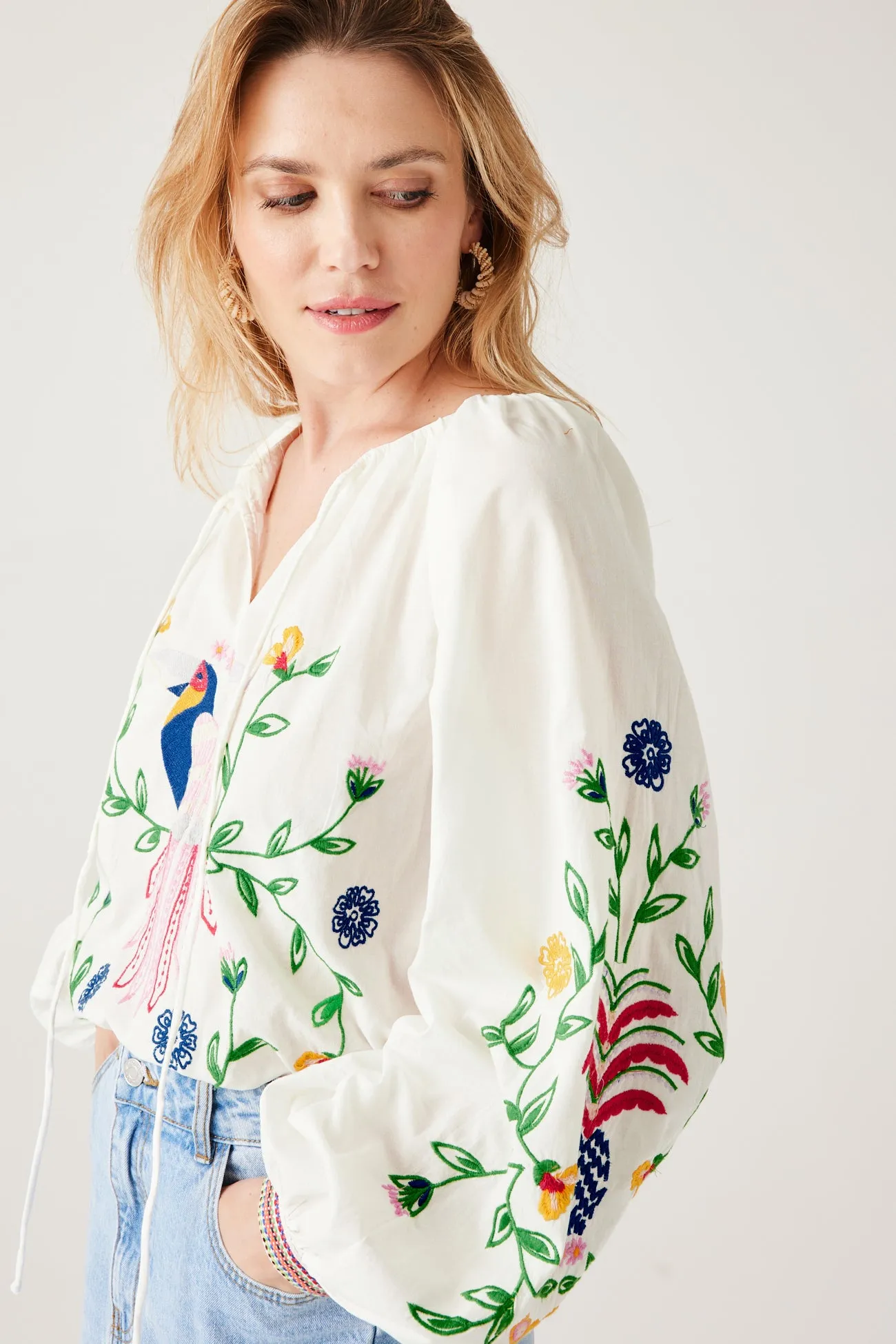 Blouse blanche brodée Femme - Imprimé écru