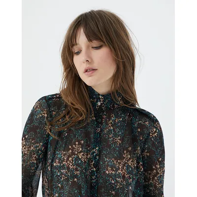 Blouse en voile créponné - imprimé arabesque florale grenat - IKKS Women