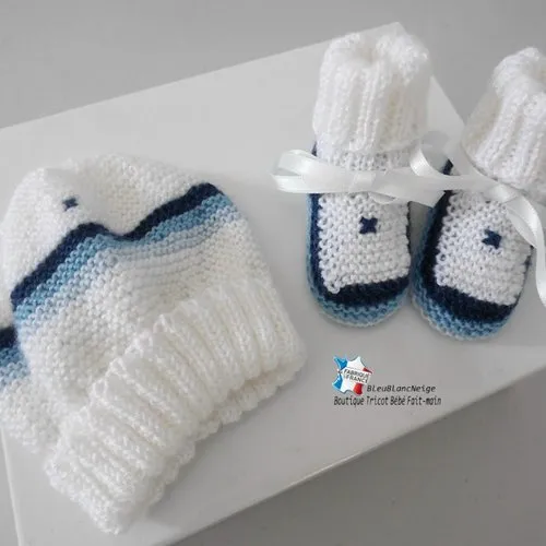 Bonnet et chaussons 3 mois - duo 4 couleurs nuances bleu pour  bébé mixte ruban satin modèle tricot bb layette sur commande