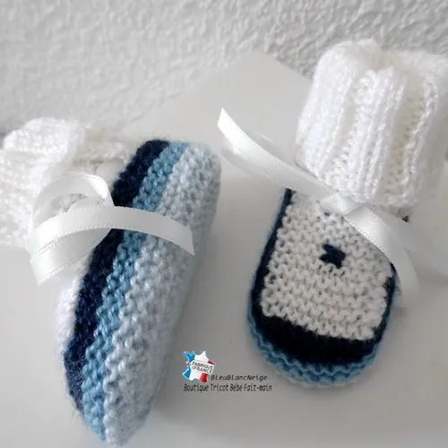 Bonnet et chaussons 3 mois - duo 4 couleurs nuances bleu pour  bébé mixte ruban satin modèle tricot bb layette sur commande