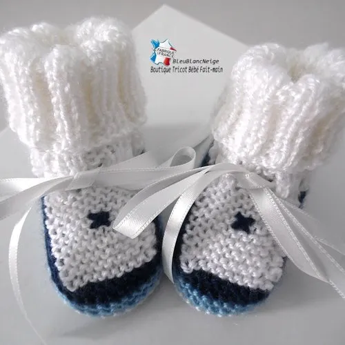 Bonnet et chaussons 3 mois - duo 4 couleurs nuances bleu pour  bébé mixte ruban satin modèle tricot bb layette sur commande