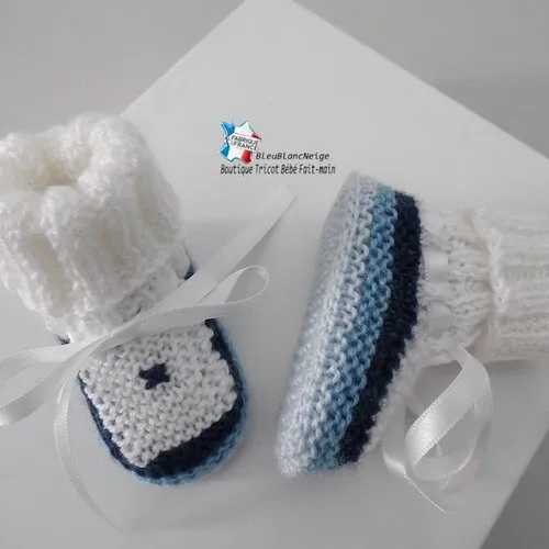 Bonnet et chaussons 3 mois - duo 4 couleurs nuances bleu pour  bébé mixte ruban satin modèle tricot bb layette sur commande