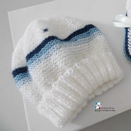 Bonnet et chaussons 3 mois - duo 4 couleurs nuances bleu pour  bébé mixte ruban satin modèle tricot bb layette sur commande