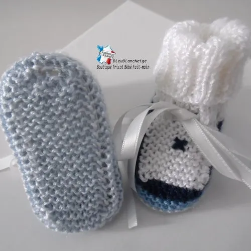 Bonnet et chaussons 6 mois – duo 4 couleurs nuances bleu pour  bébé mixte ruban satin modèle tricot bb layette sur commande