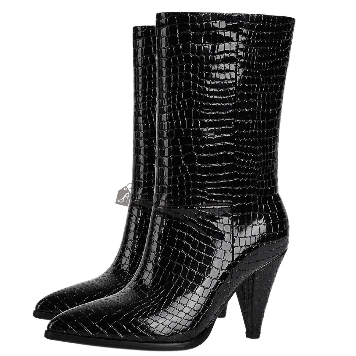 Ceremonie Talons Hauts Bottes Mi Mollet Moderne Talon Conique Habillé Simili Cuir Imprimé Python Noir