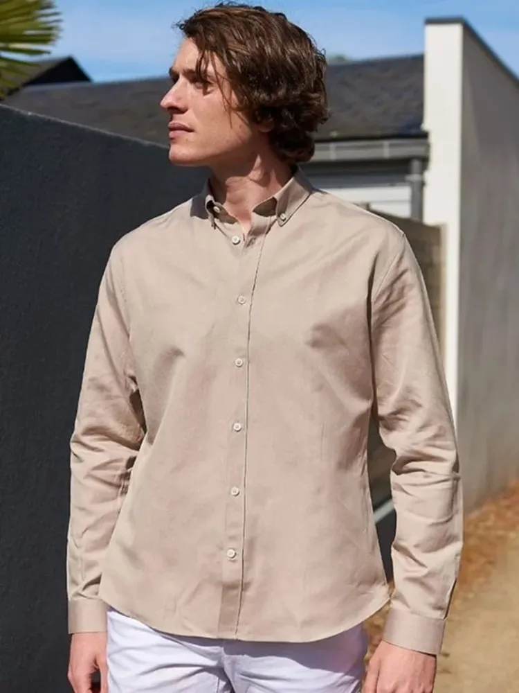 Chemise col américain en lin et coton beige