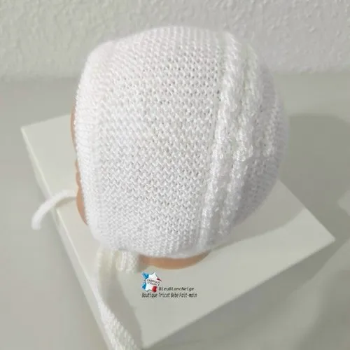 Duo 3 mois bonnet ou béguin bebe et chaussons, lait calinou tricoté main, tricot bb sur commande