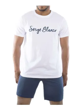 Ensemble homme Pyjama court T-shirt col rond bicolore Serge Blanco - Blanc