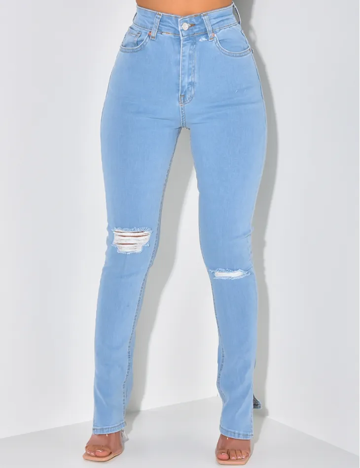 Jeans skinny stretchy destroy à fente / 46035 - 