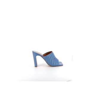 Mule Crystal bout carré ouvert en cuir lisse bleu jeans matelassé