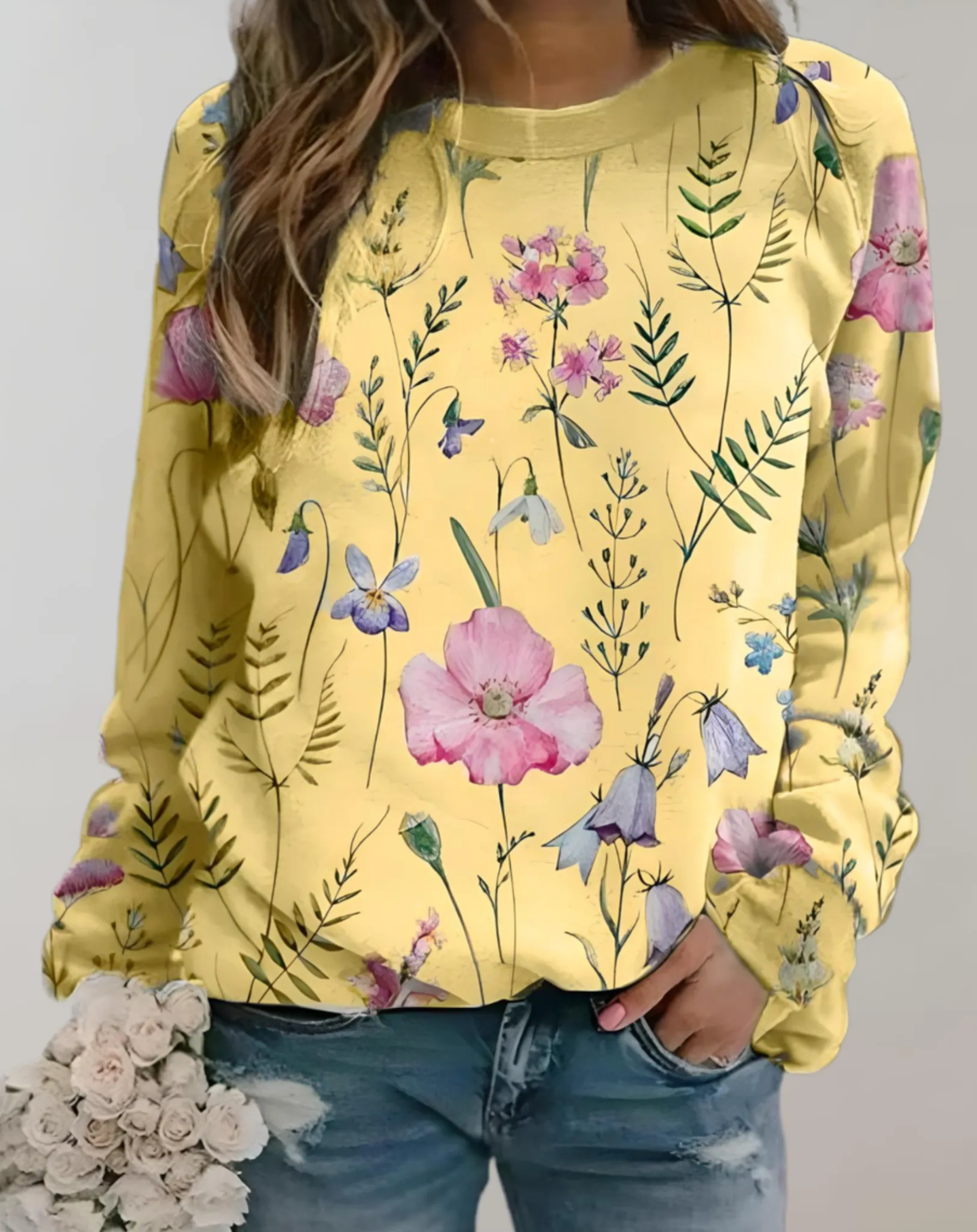 Nora - Pull oversize à col rond et motif floral