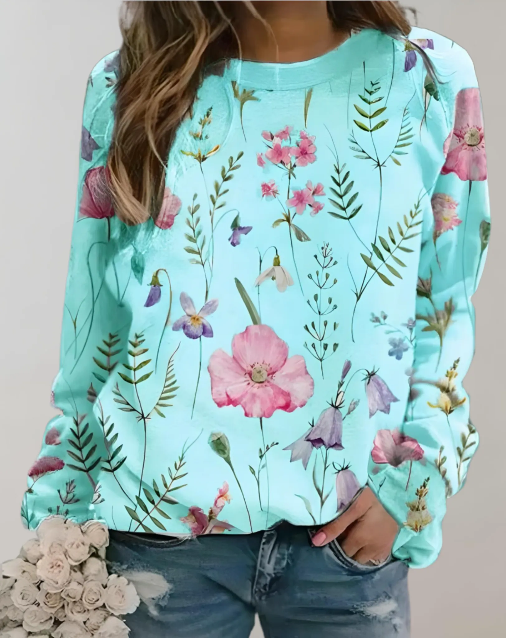 Nora - Pull oversize à col rond et motif floral