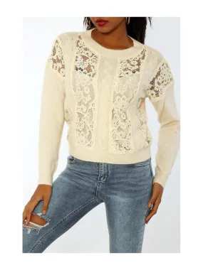 Pull beige à empiècement en dentelle et coupe basique