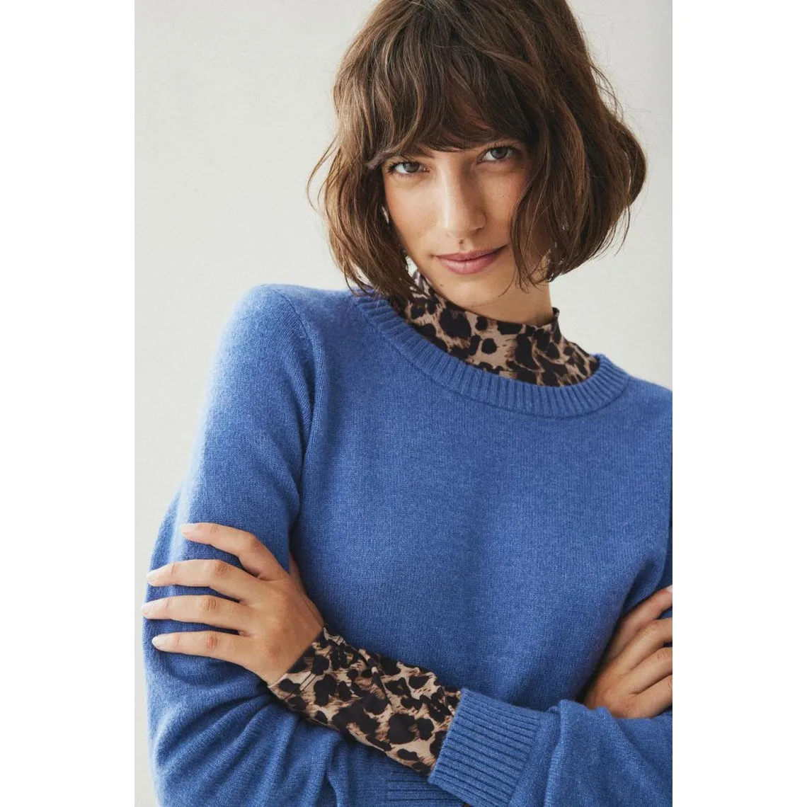 Pull col rond poignets côtelés bleu Alia en viscose | 3 Suisses