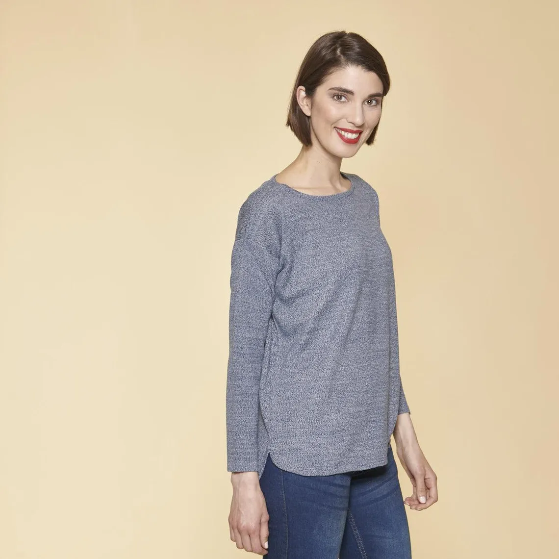 Pull fin asymétrique manches longues femme - bleu chiné | 3 Suisses