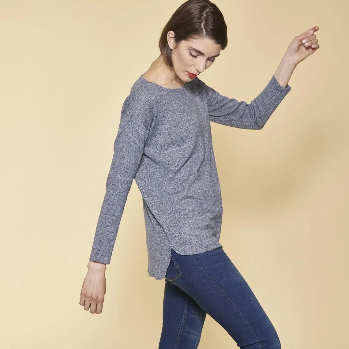 Pull fin asymétrique manches longues femme - bleu chiné | 3 Suisses