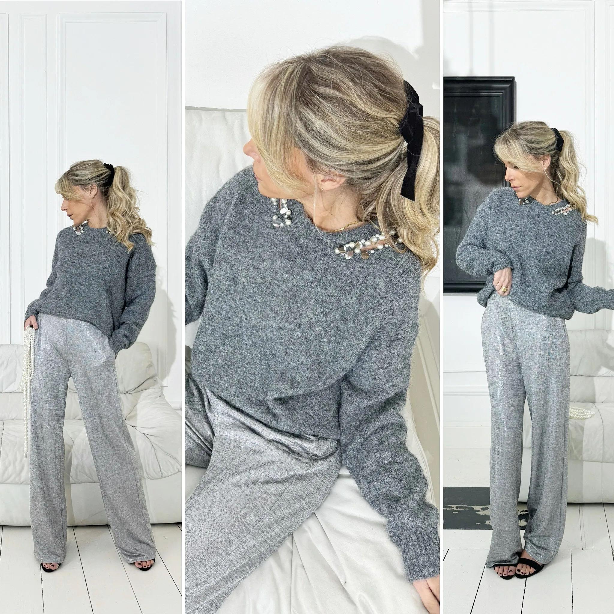 Pull gris col perles et pastilles