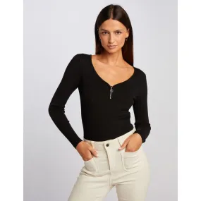 Pull manches longues côtelé détail zippé noir en viscose | 3 Suisses