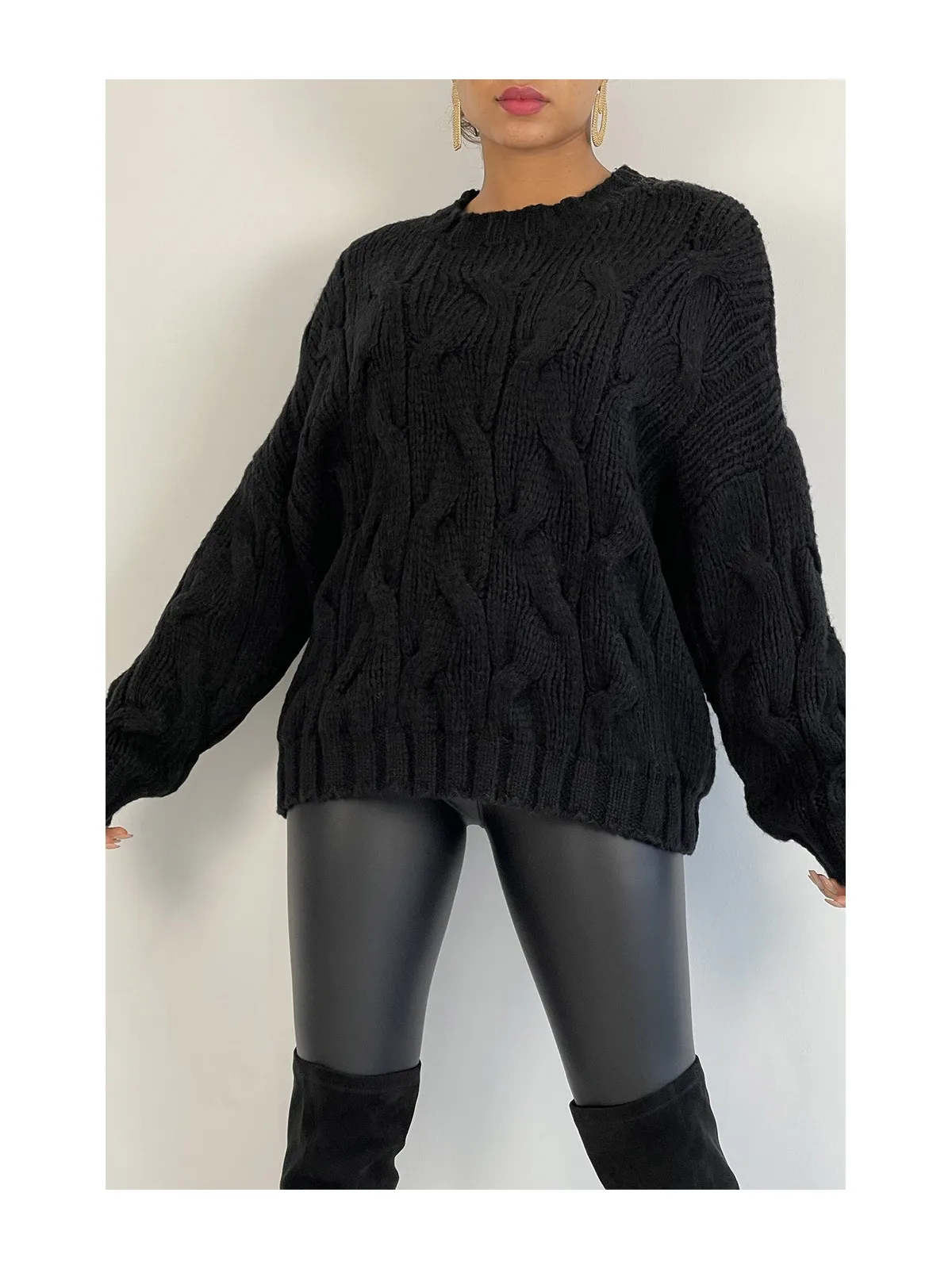 Pull oversize bien chaud en grosse maille tressée noir