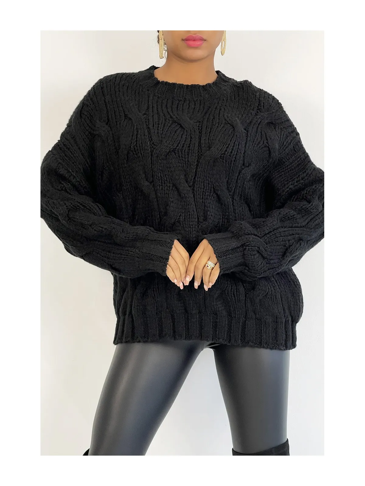 Pull oversize bien chaud en grosse maille tressée noir