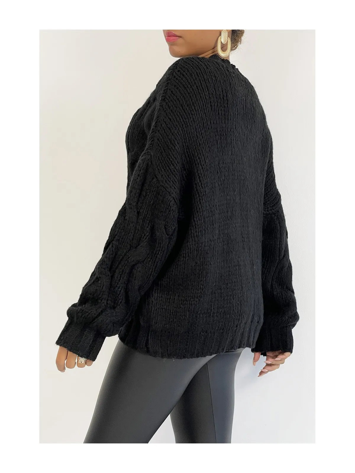 Pull oversize bien chaud en grosse maille tressée noir