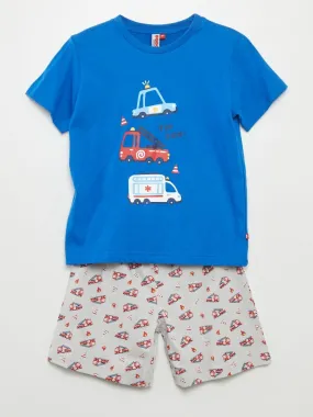 Pyjama court short + t-shirt 'pompiers' - 2 pièces - Bleu