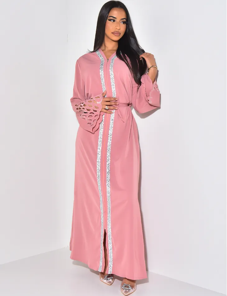 Robe abaya ajouré aux manches à strass / 59629 - JEANS INDUSTRY