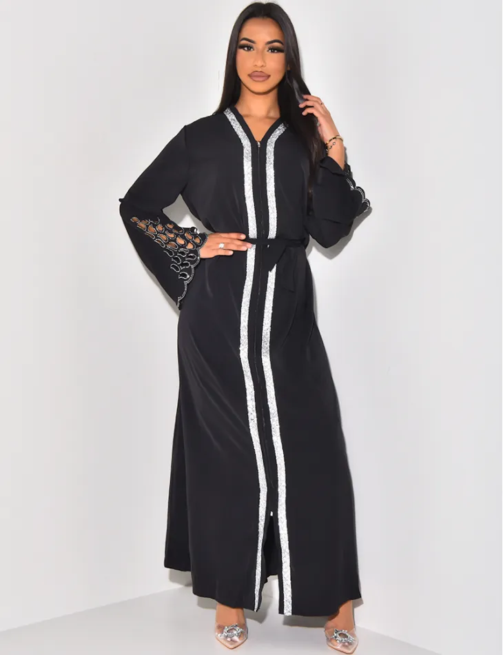 Robe abaya ajouré aux manches à strass / 59629 - JEANS INDUSTRY