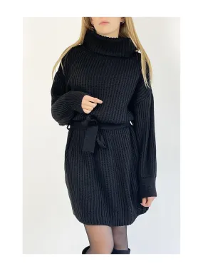 Robe pull noire col roulé effet maille avec ceinture à nouée confortable douce et féminine