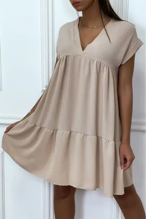 Robe tunique beige col V fluide à volant