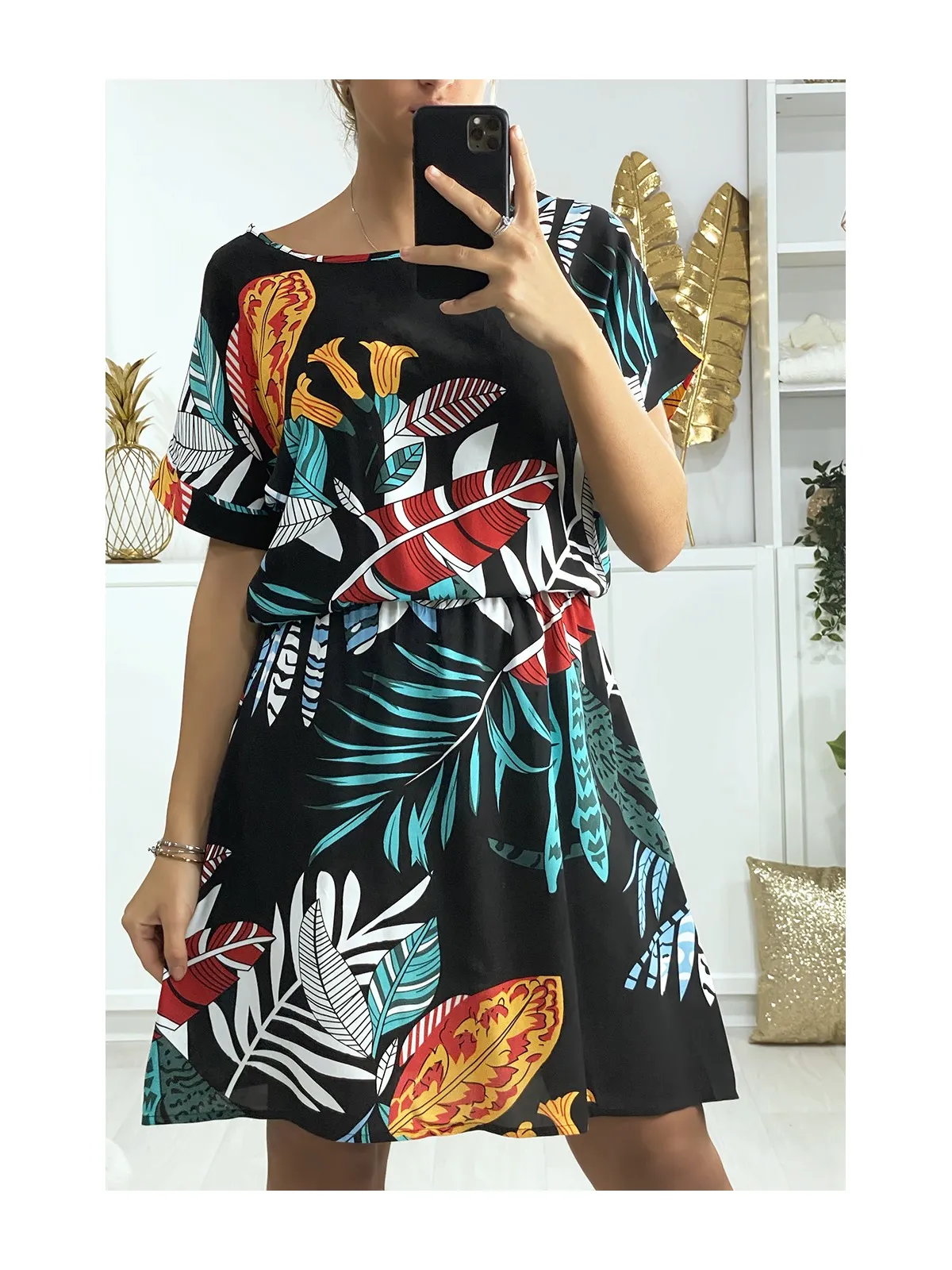 Robe tunique noir motif feuille avec élastique à la taille