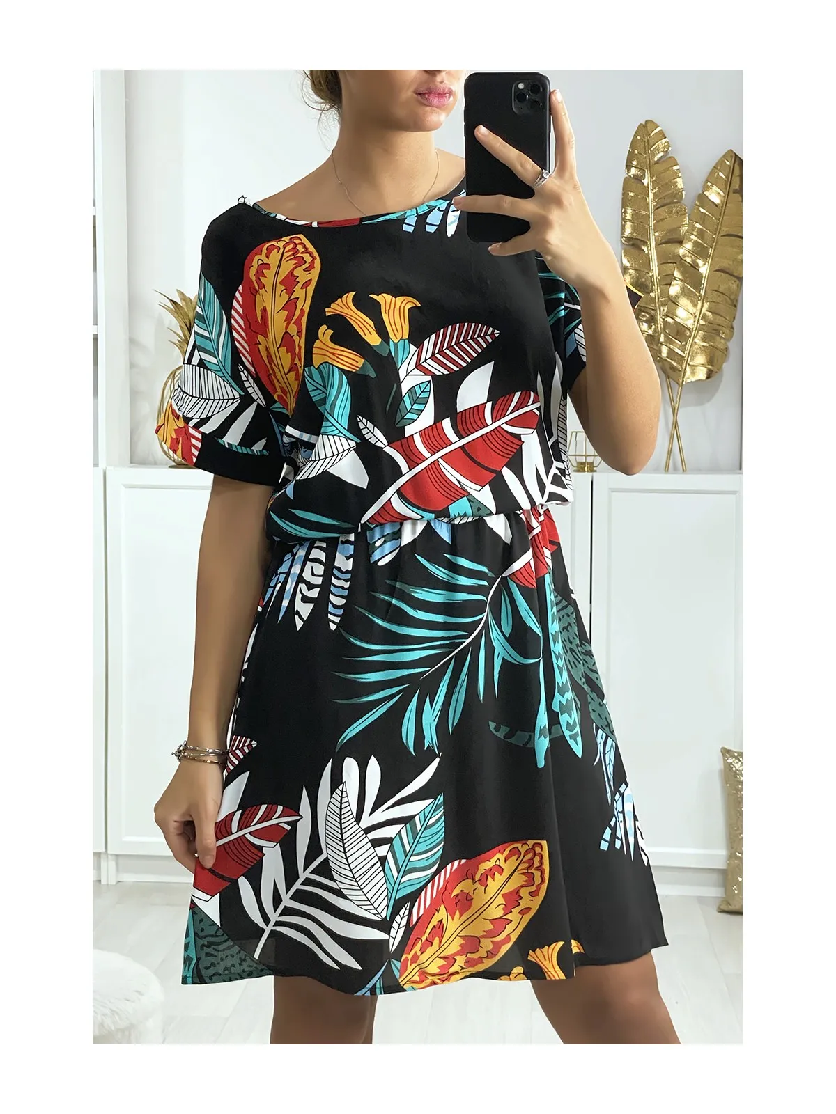 Robe tunique noir motif feuille avec élastique à la taille