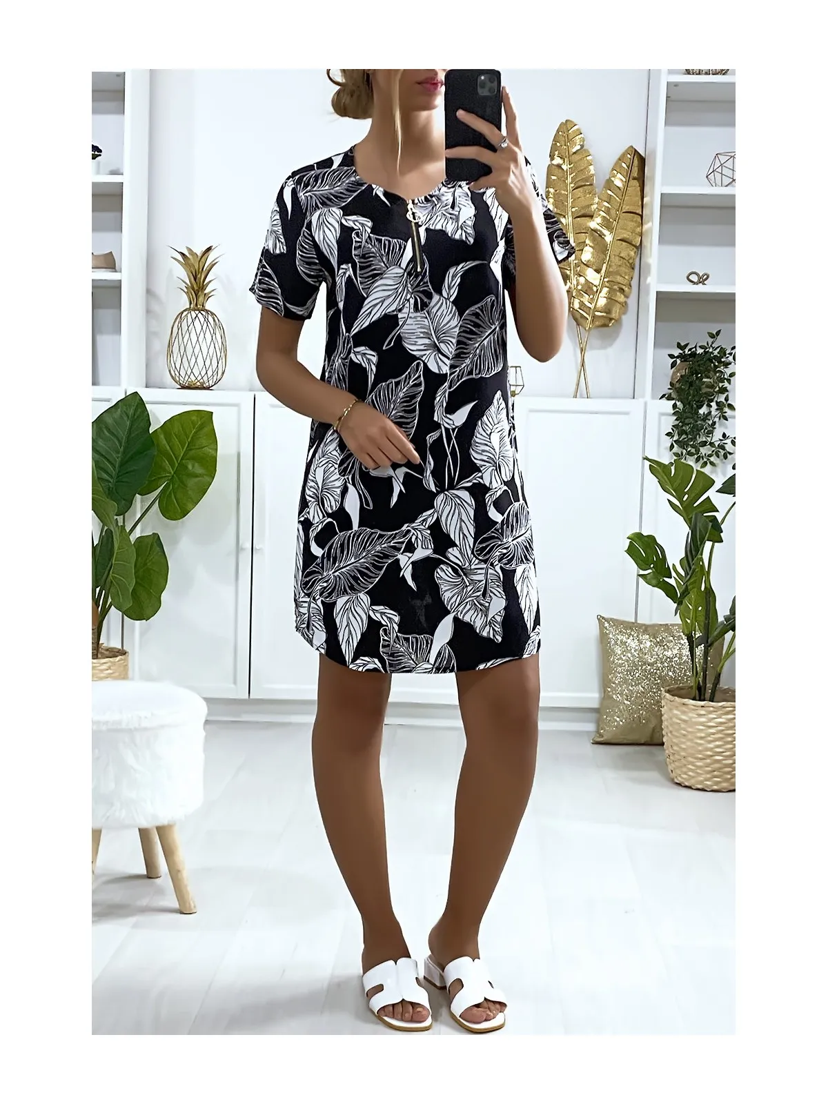 Robe tunique noir motif feuilles avec zip au col