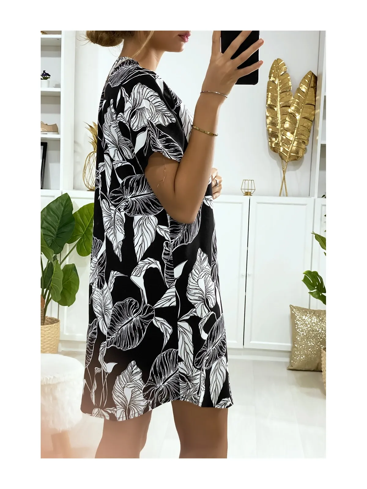 Robe tunique noir motif feuilles avec zip au col