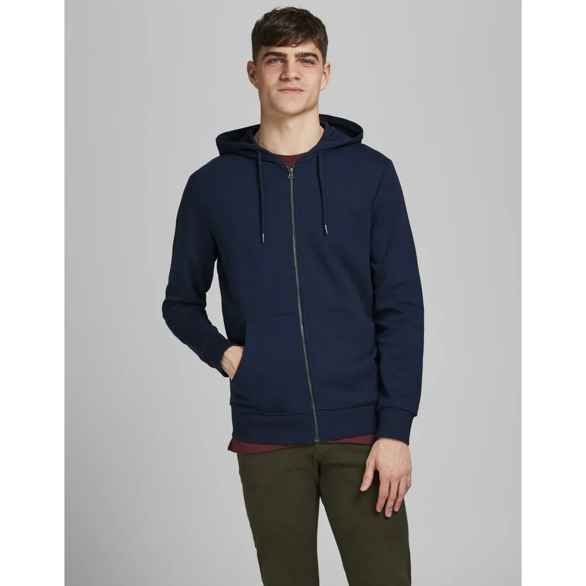 Sweat à capuche zippé Regular Fit Manches longues Bleu Marine en coton Van Jack & Jones - Pull / Gilet / Sweatshir