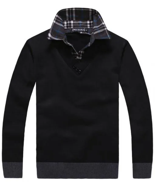 Sweatshirt uni avec col en V et col de chemise a carreaux