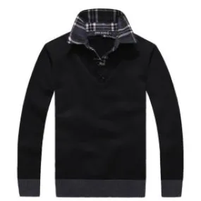 Sweatshirt uni avec col en V et col de chemise a carreaux