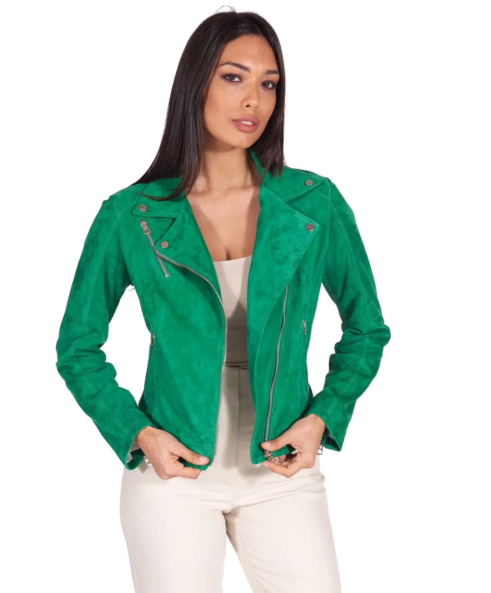 Veste en cuir femme motard vert