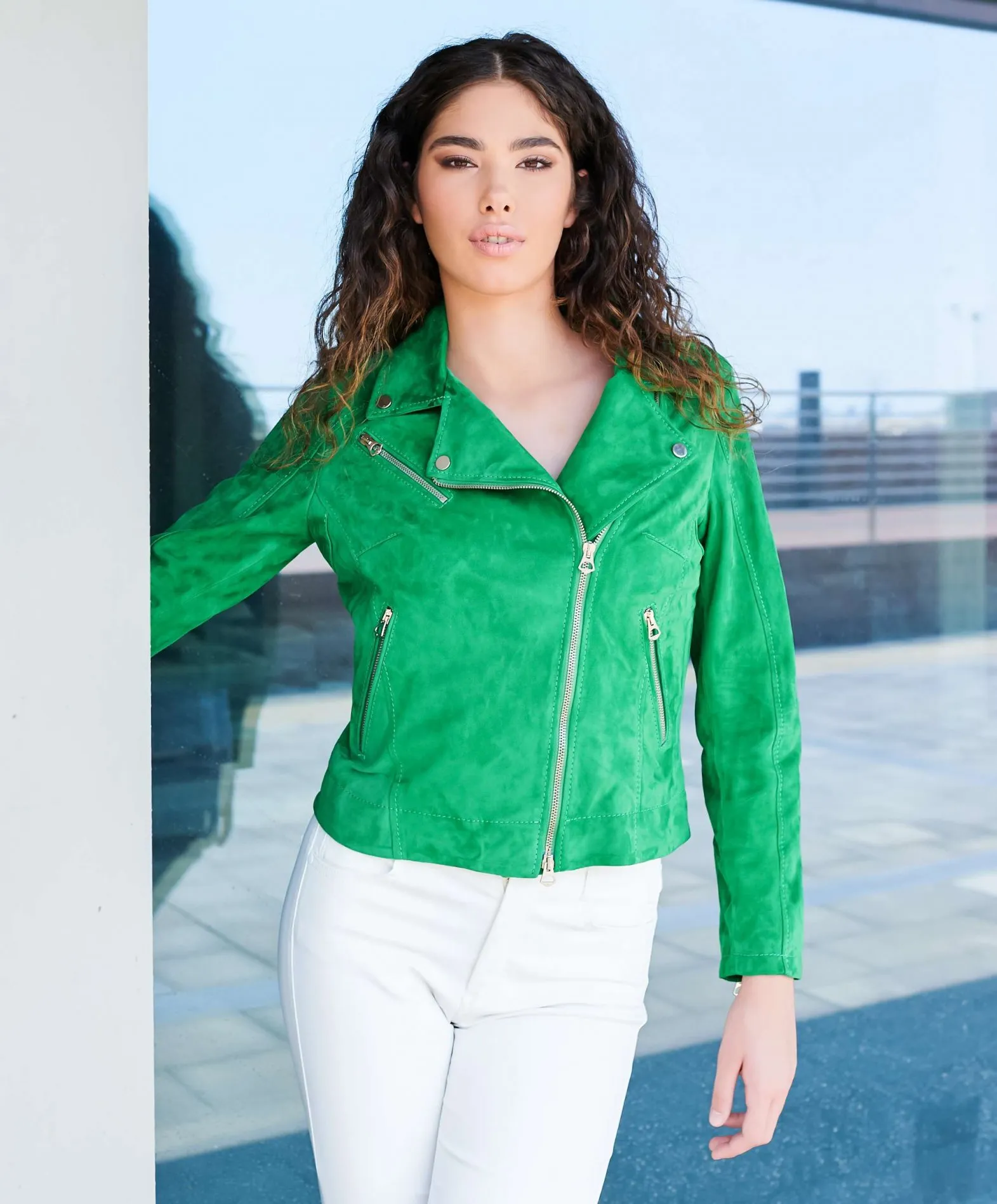 Veste en cuir femme motard vert