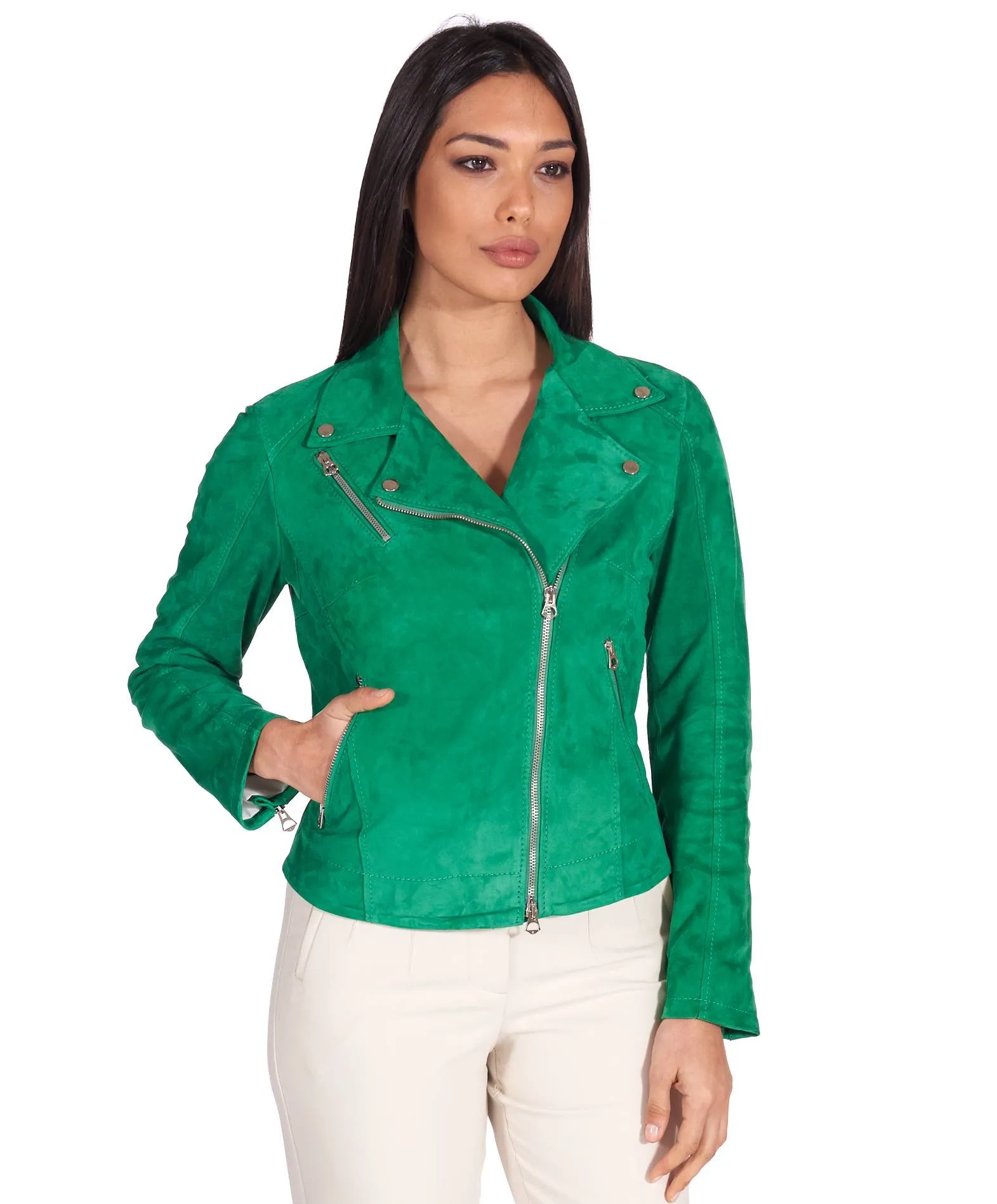 Veste en cuir femme motard vert