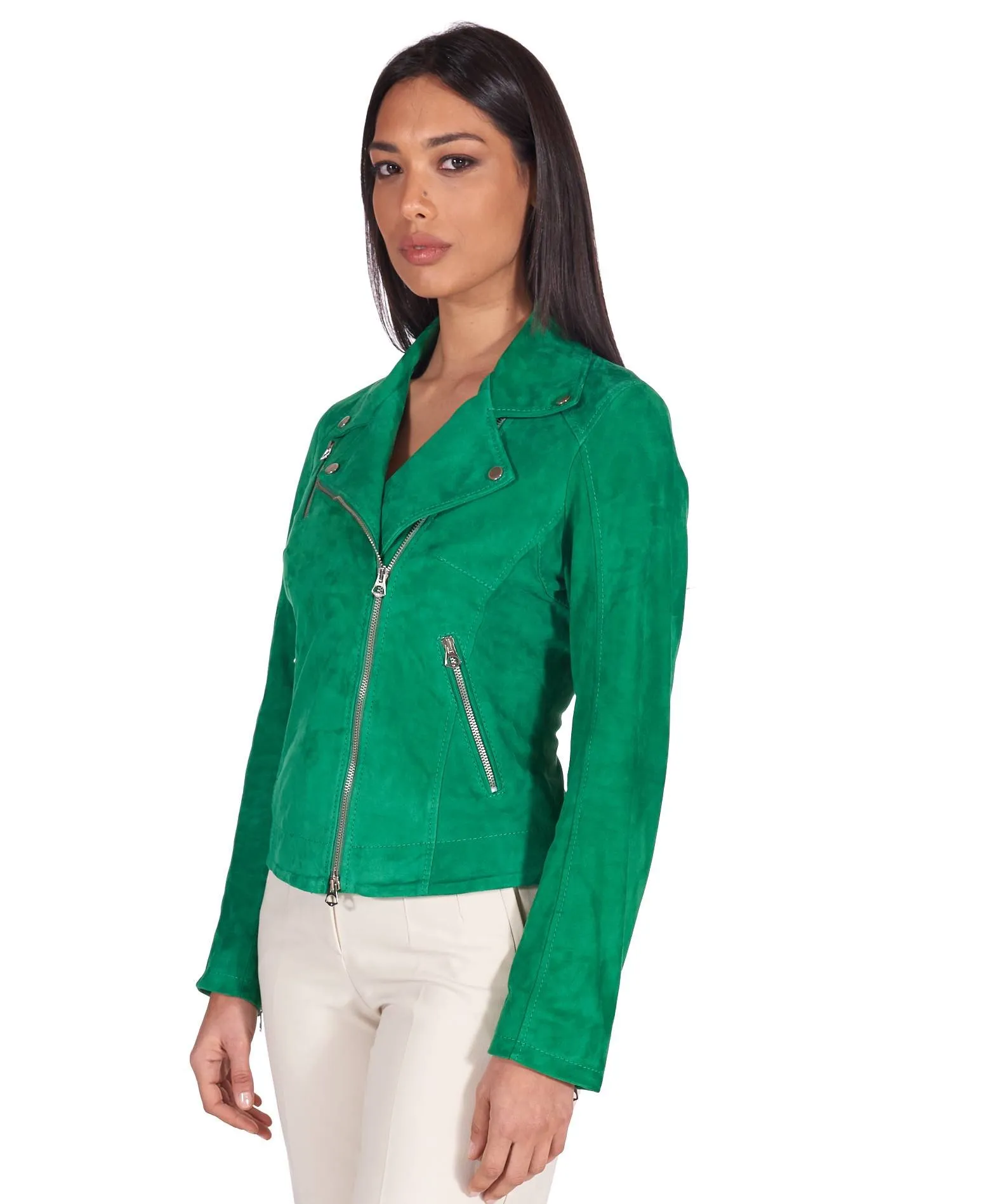 Veste en cuir femme motard vert