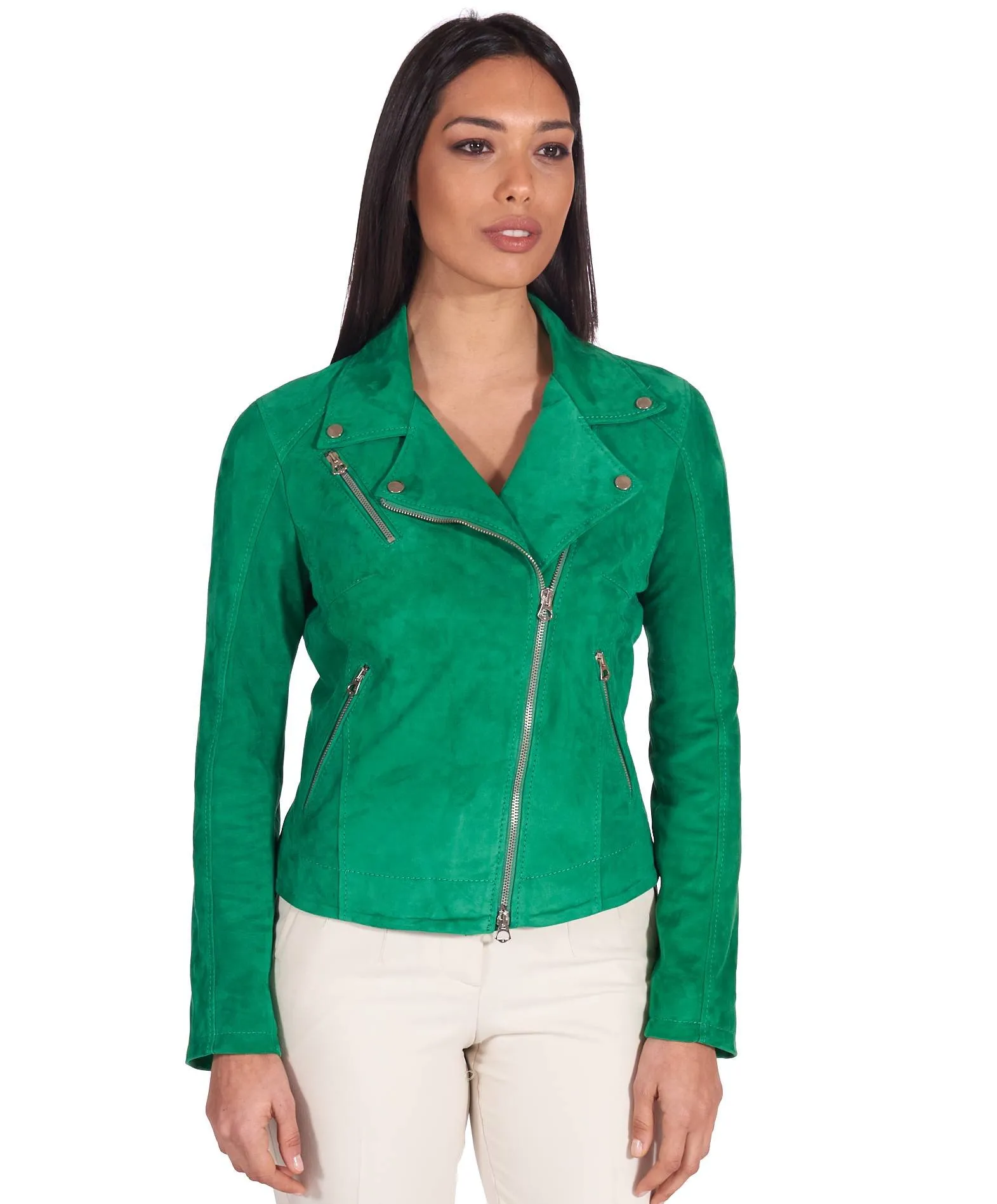 Veste en cuir femme motard vert