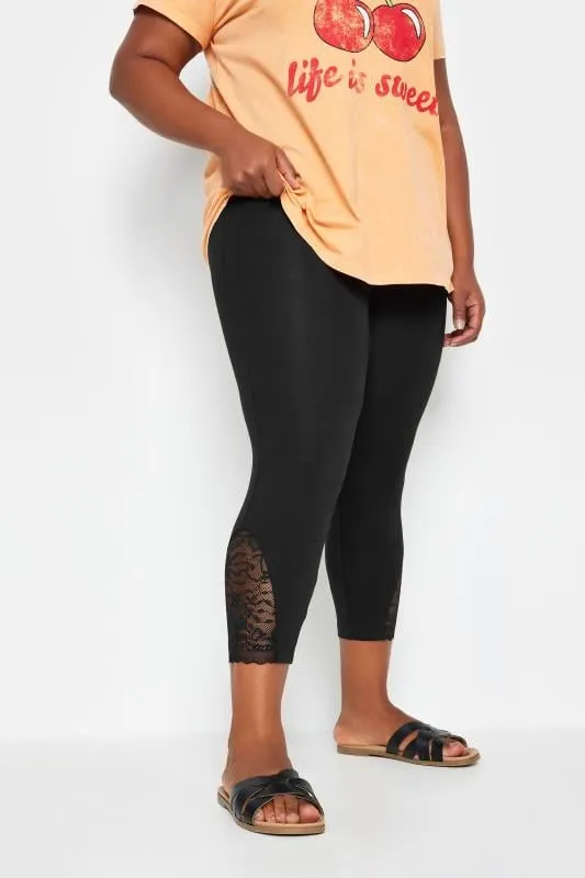 YOURS - Legging Pantacourt Noir en Jersey Ourlets Dentelle