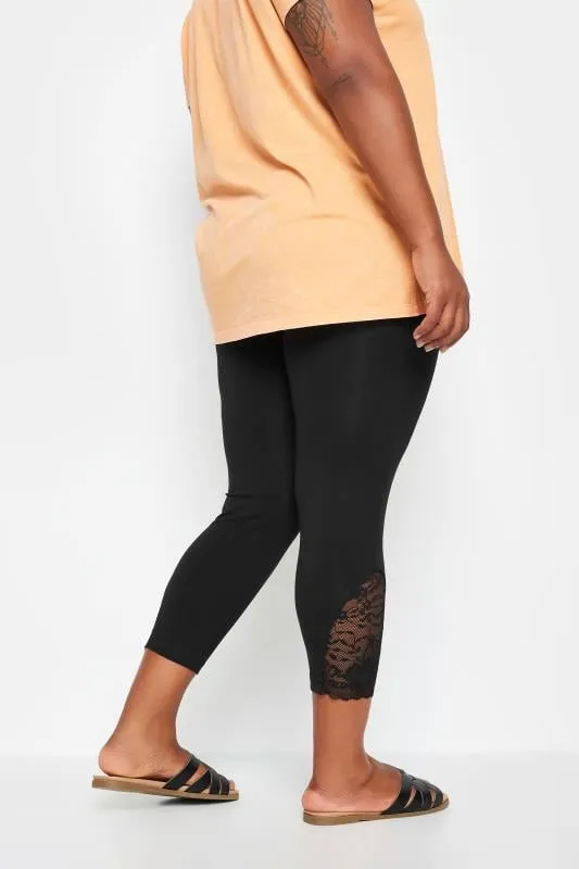 YOURS - Legging Pantacourt Noir en Jersey Ourlets Dentelle