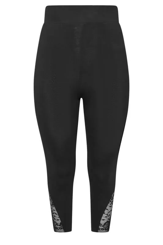 YOURS - Legging Pantacourt Noir en Jersey Ourlets Dentelle