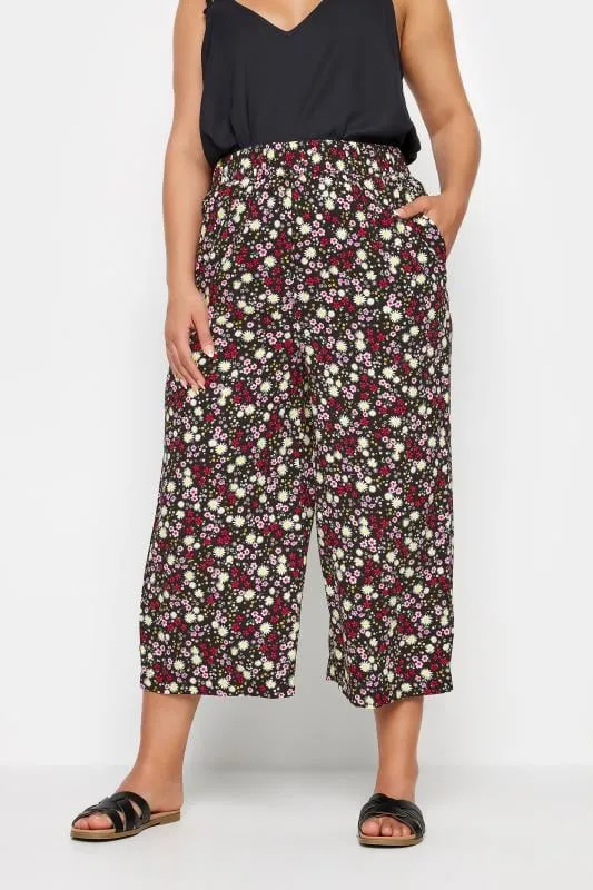 YOURS - Pantacourt Noir & Rouge Fleuri Coupe Wide Leg