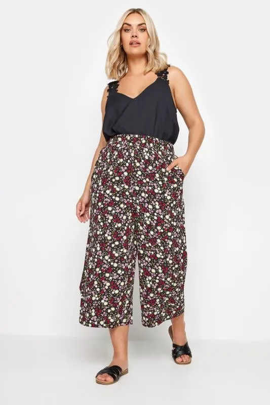 YOURS - Pantacourt Noir & Rouge Fleuri Coupe Wide Leg