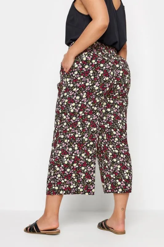 YOURS - Pantacourt Noir & Rouge Fleuri Coupe Wide Leg